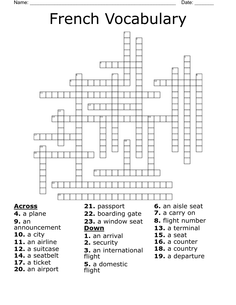 French Vocabulary Crossword