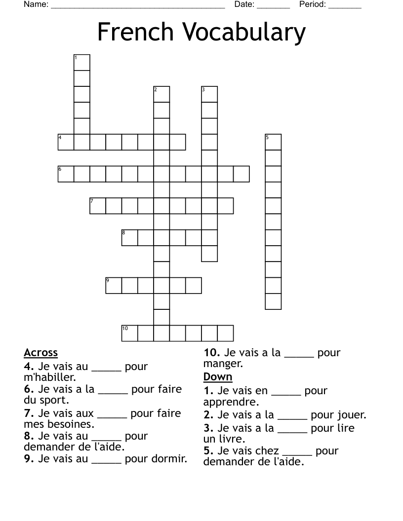 French Vocabulary Crossword