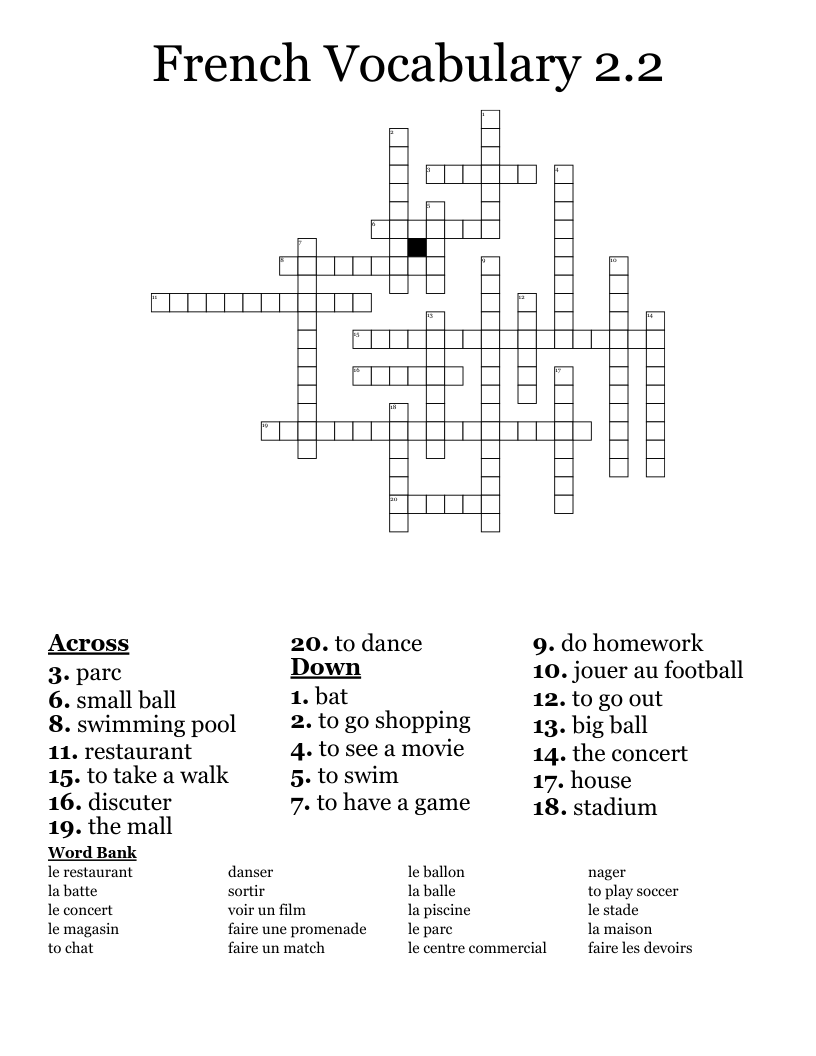 French Vocabulary 2.2 Crossword
