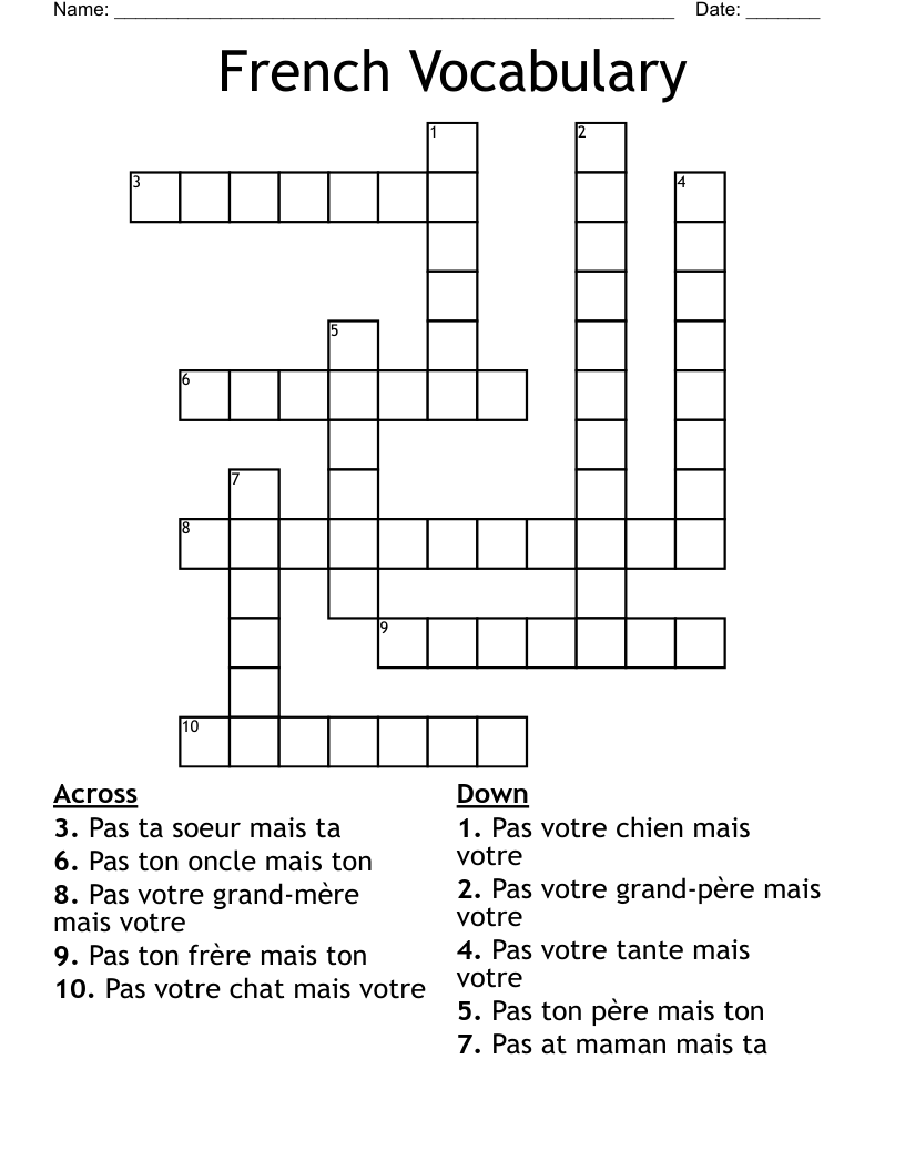 French Vocabulary Crossword