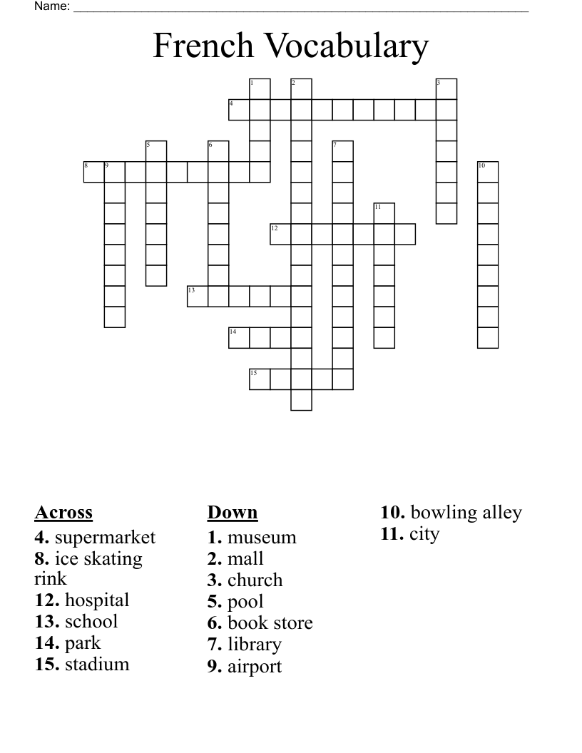 French Vocabulary Crossword