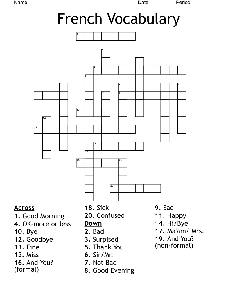 French Vocabulary Crossword