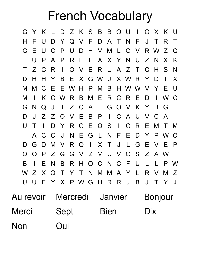 French Vocabulary Word Search