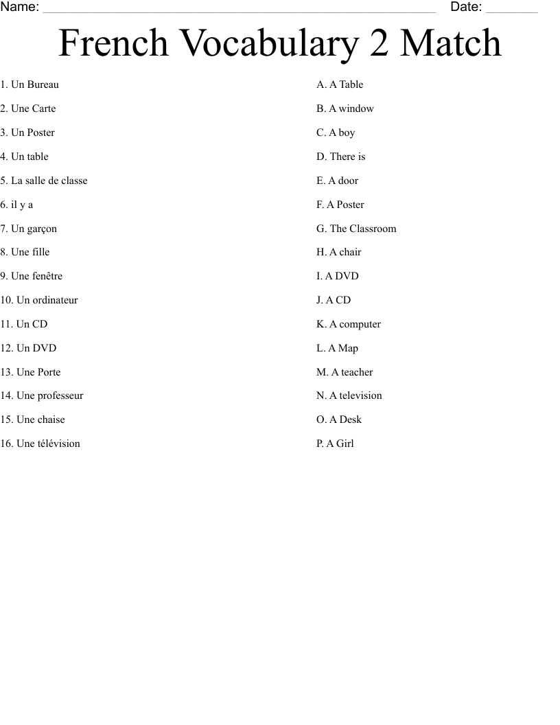 French Vocabulary 2 Match Worksheet