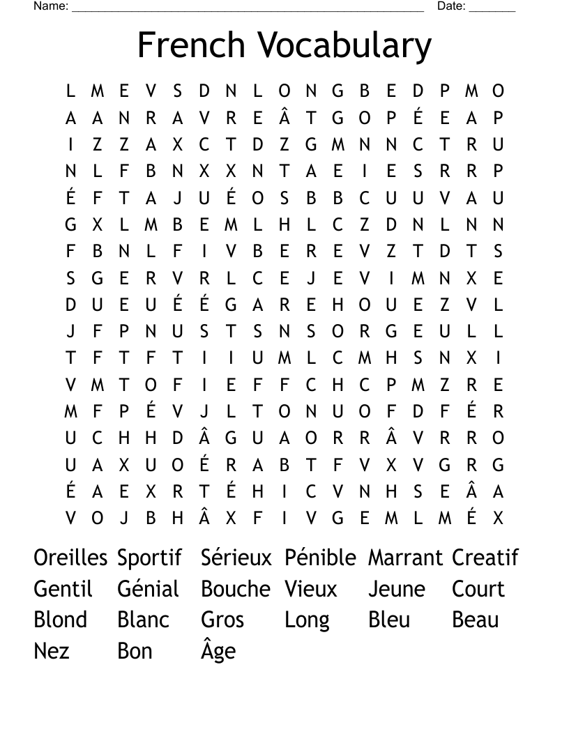 French Vocabulary Word Search
