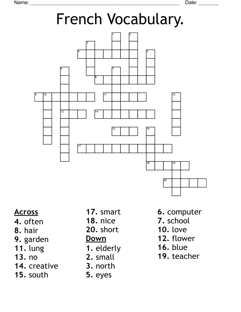 French Vocabulary. Crossword