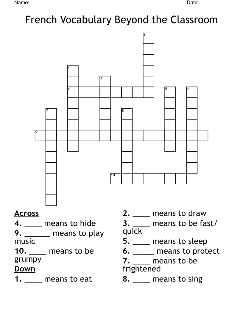 French Vocabulary Beyond the Classroom Crossword