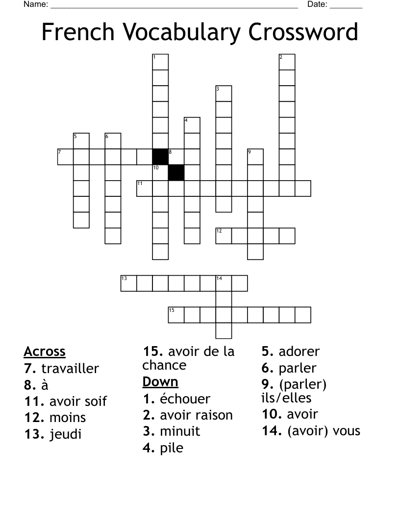 French Vocabulary Crossword