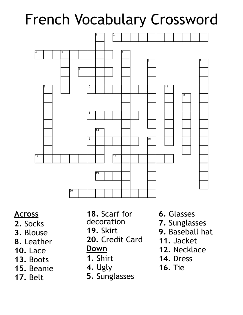 French Vocabulary Crossword