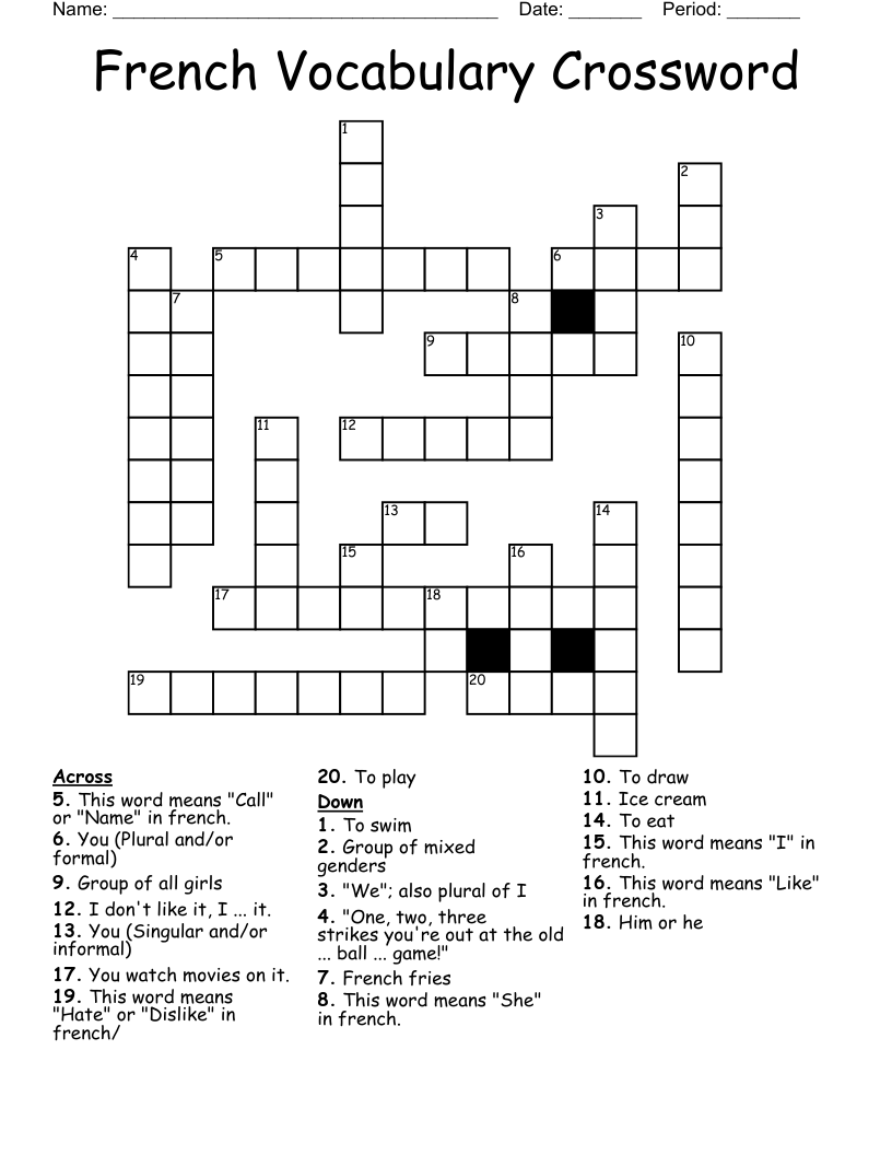 French Vocabulary Crossword