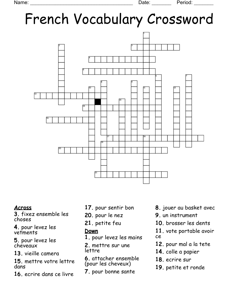 French Vocabulary Crossword