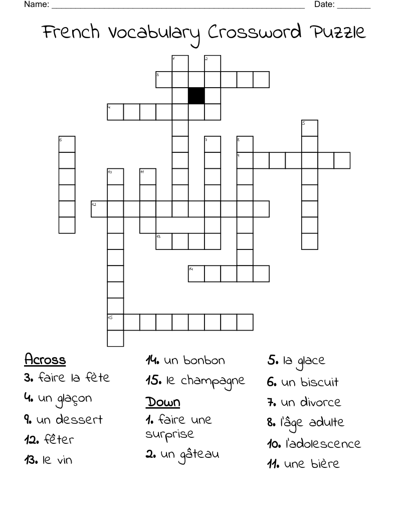 French Vocabulary Crossword Puzzle