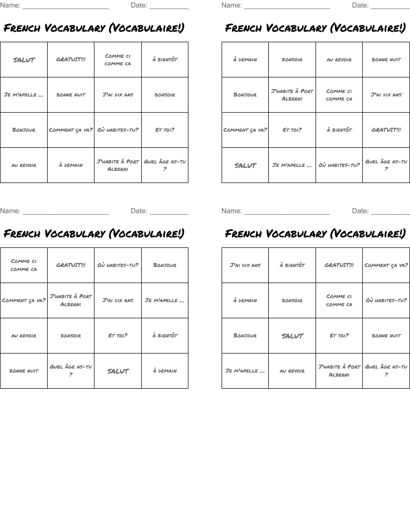 French Vocabulary (Vocabulaire!) Bingo Cards