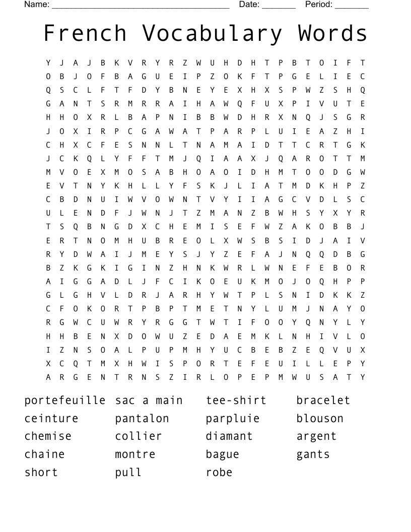 French Vocabulary Words Word Search