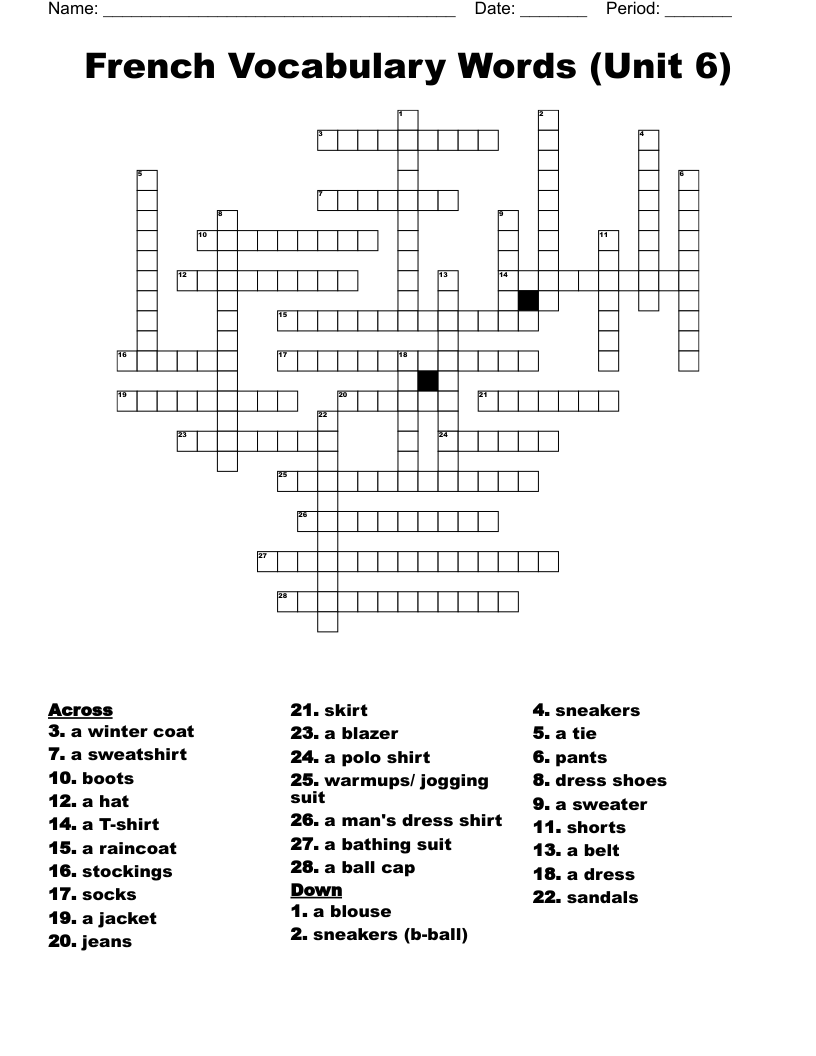French Vocabulary Words (Unit 6) Crossword