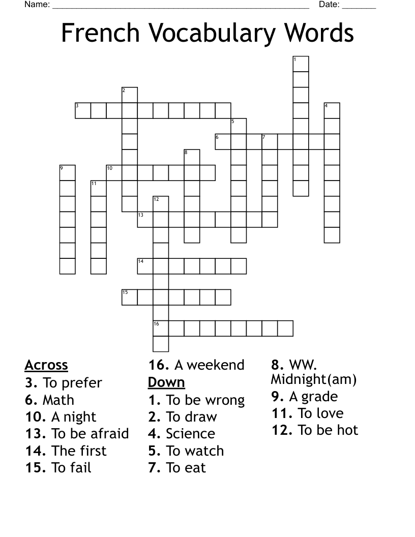 French Vocabulary Words  Crossword