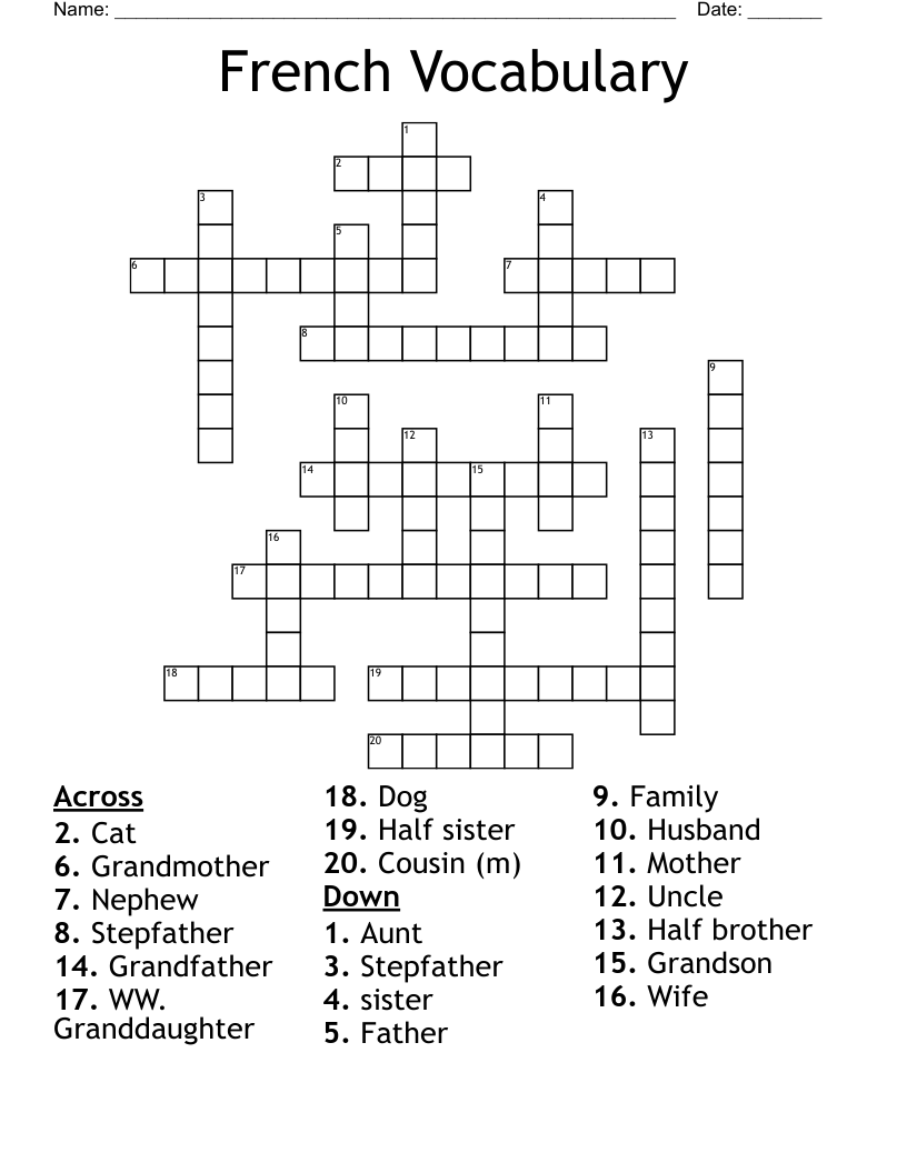 French Vocabulary  Crossword