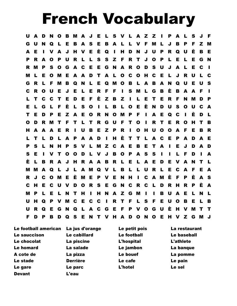 French Vocabulary  Word Search