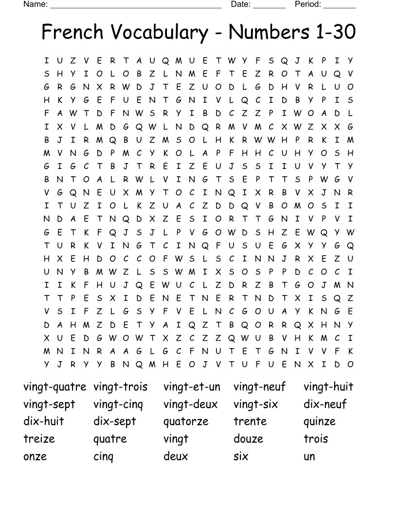 French Vocabulary - Numbers 1-30 Word Search