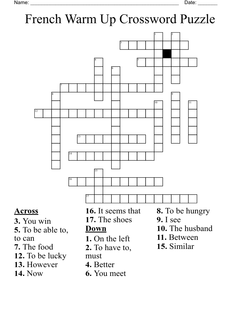 French Warm Up Crossword Puzzle