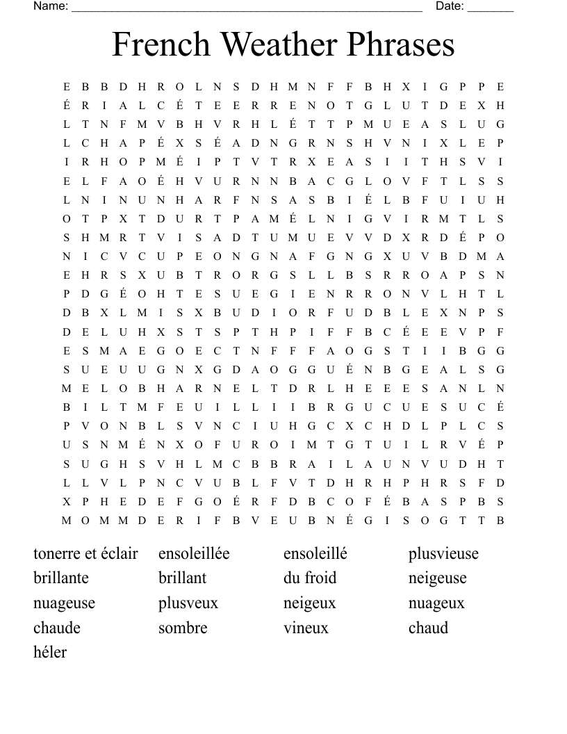 French Weather Phrases Word Search