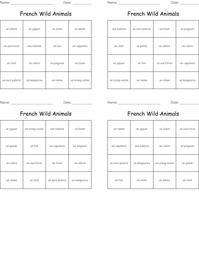 French Wild Animals Bingo Cards