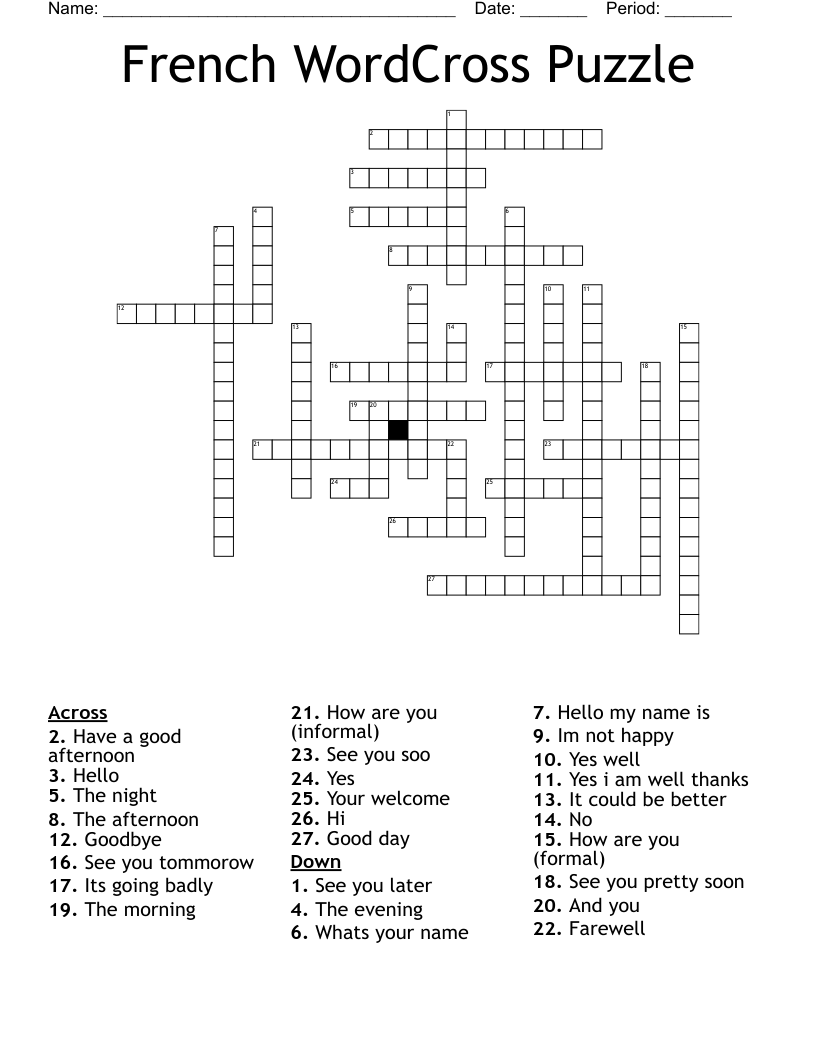 French WordCross Puzzle Crossword