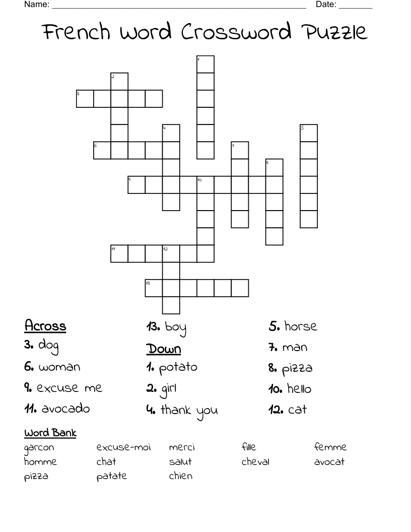 French Word Crossword Puzzle