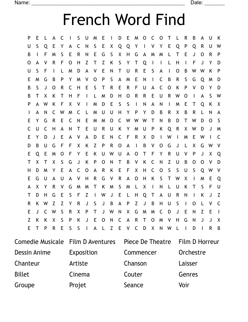 French Word Find Word Search