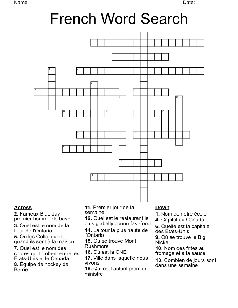 French Word Search Crossword