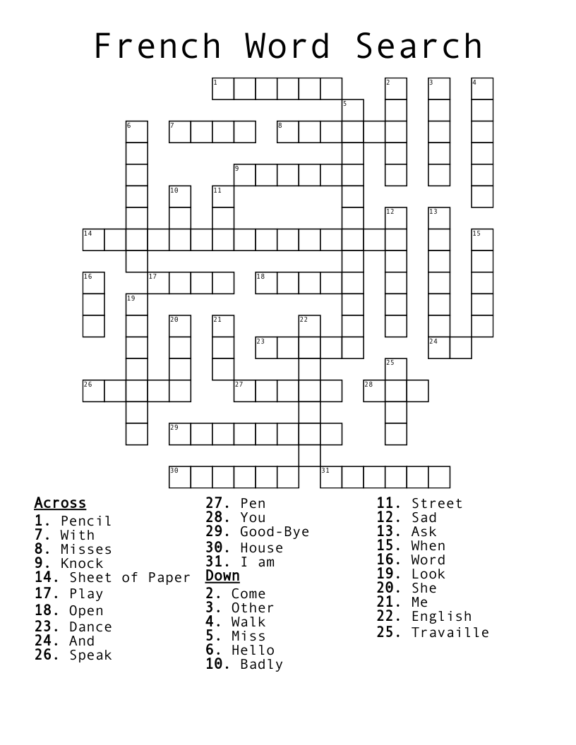 French Word Search Crossword