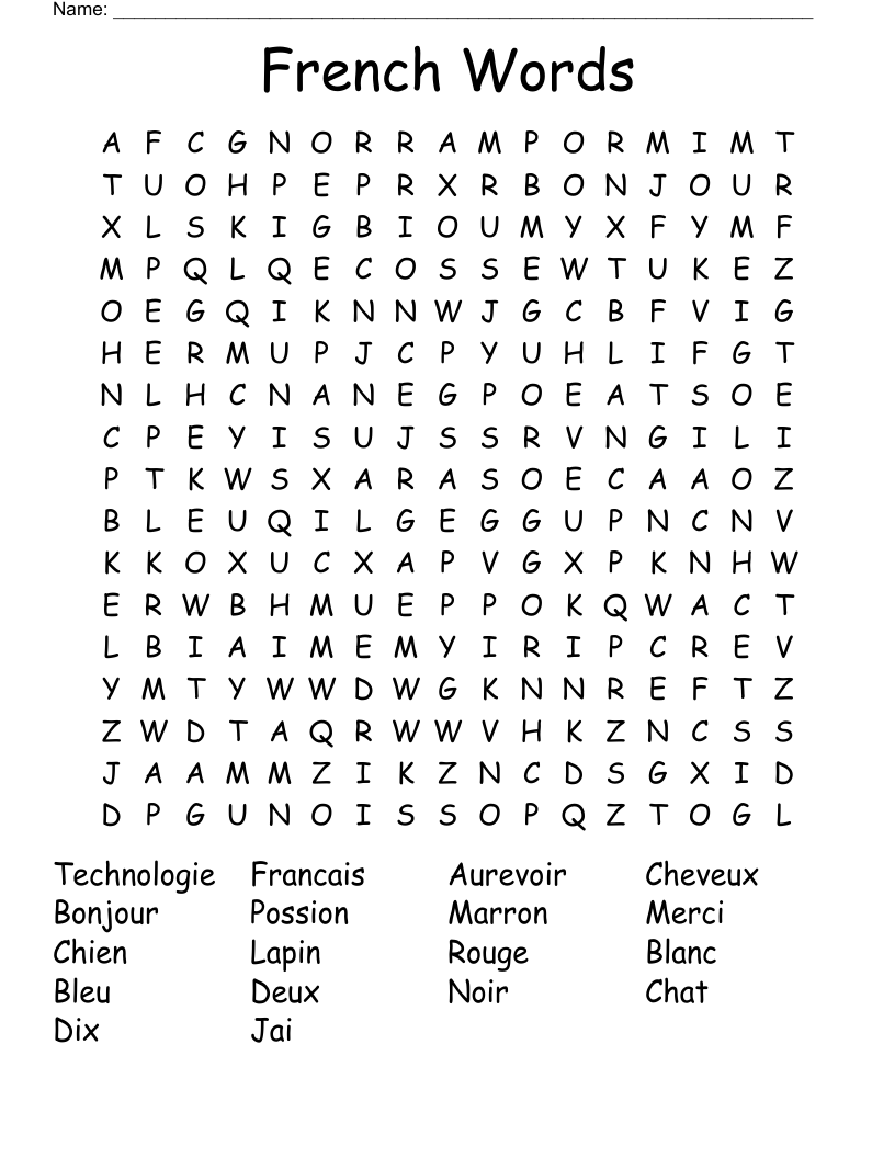 French Words Word Search