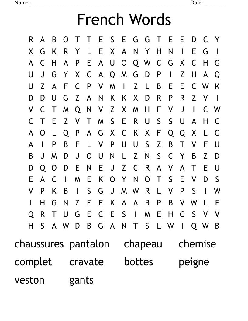 French Words Word Search