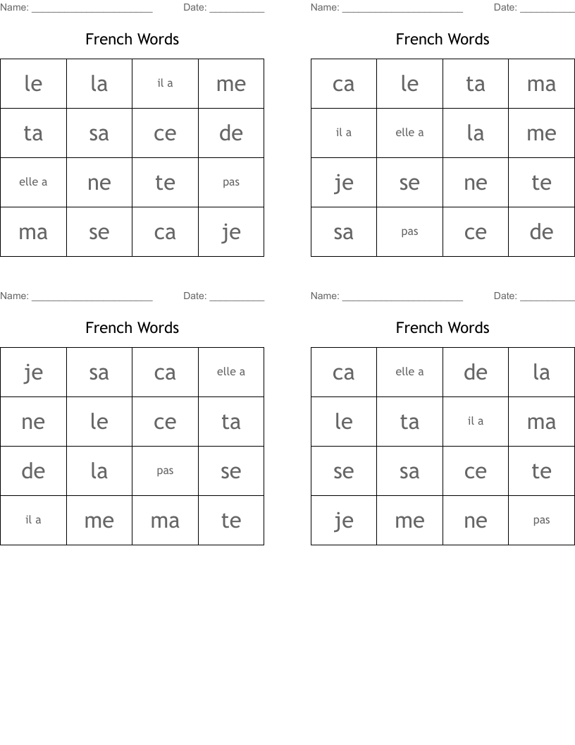 French Words Bingo Cards