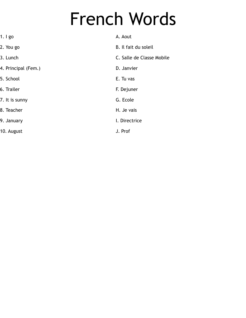 French Words Worksheet