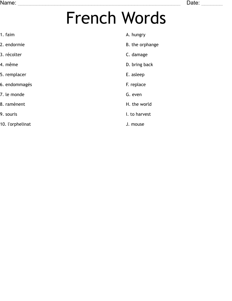 French Words Worksheet