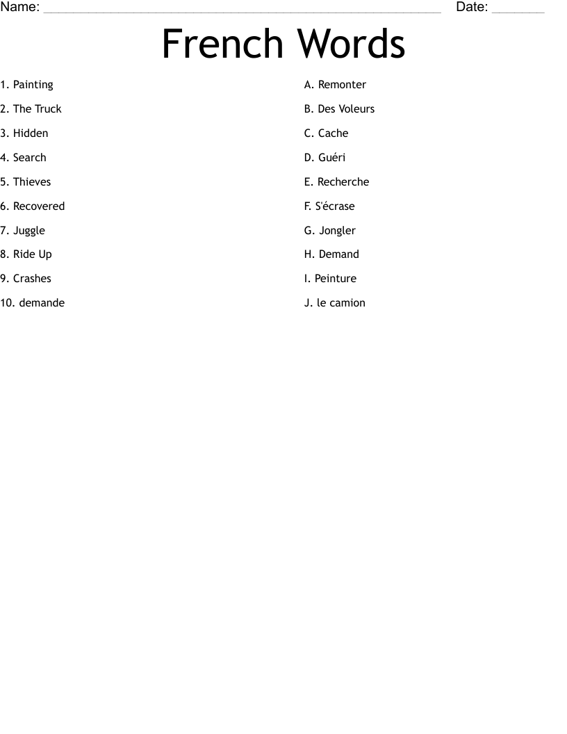 French Words Worksheet