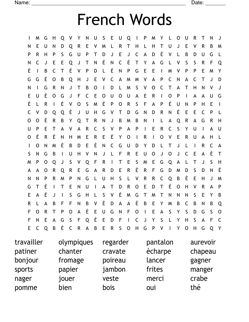 French Words Word Search