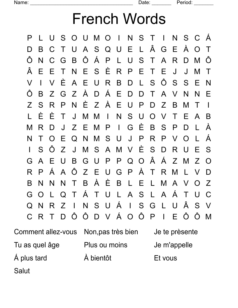 French Words  Word Search