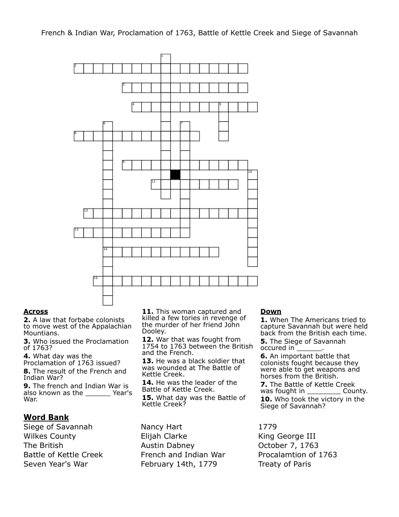French & Indian War, Proclamation of 1763, Battle of Kettle Creek and Siege of Savannah Crossword