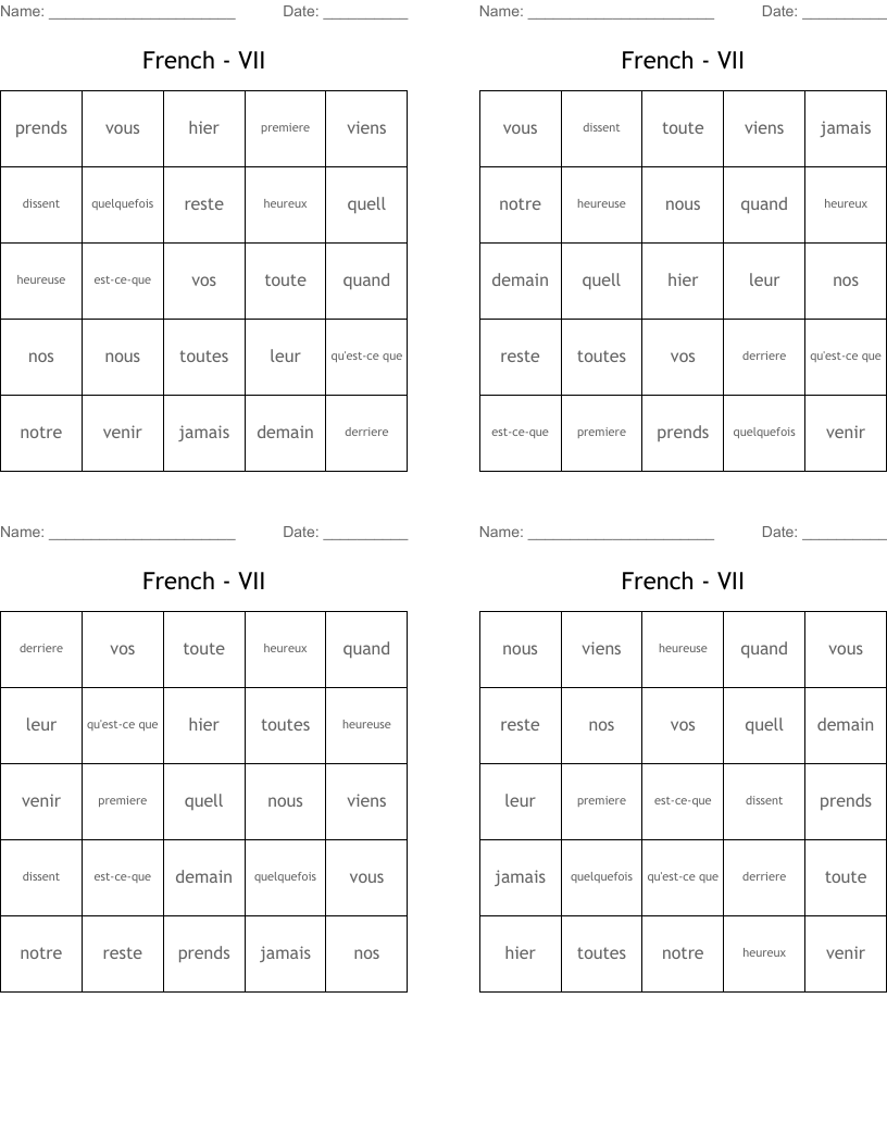 French - VII Bingo Cards