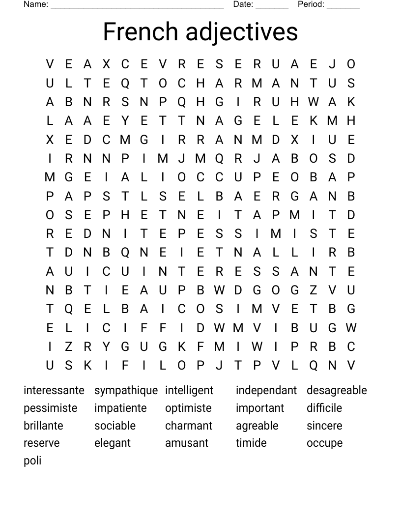 French adjectives Word Search