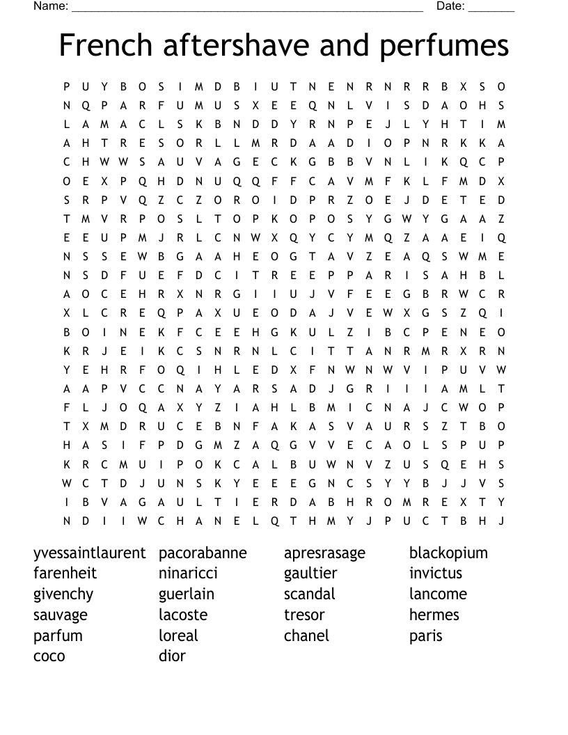 French aftershave and perfumes Word Search