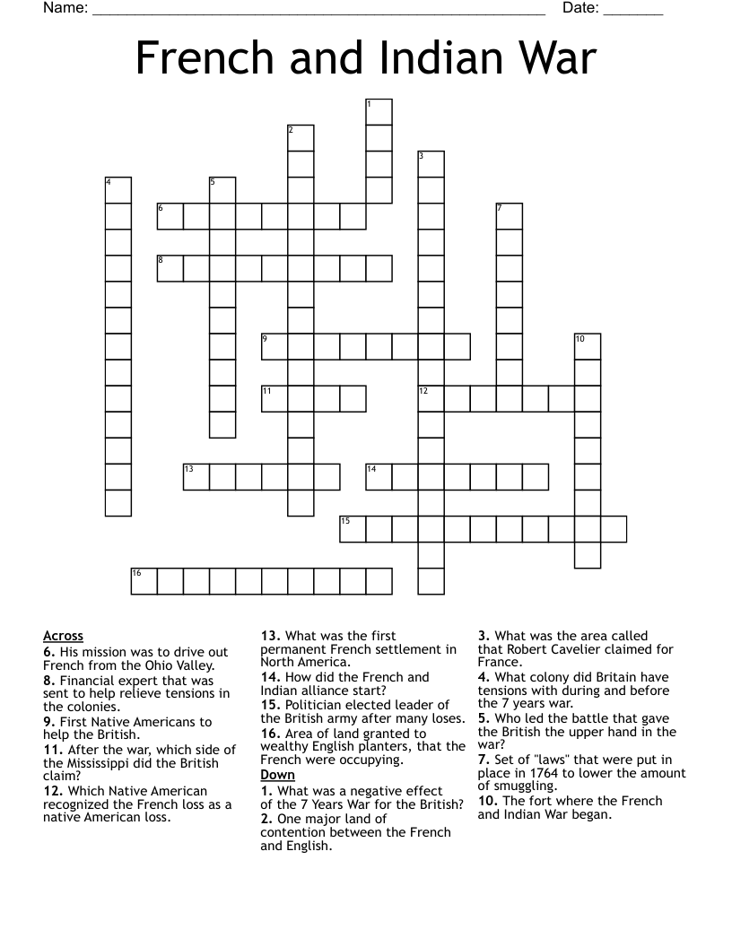 French and Indian War Crossword
