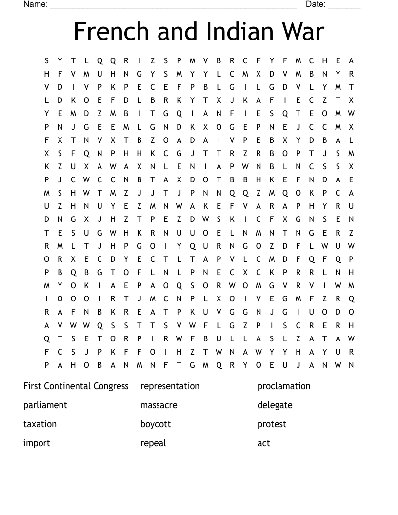 French and Indian War Word Search