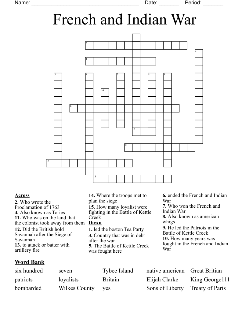 French and Indian War Crossword