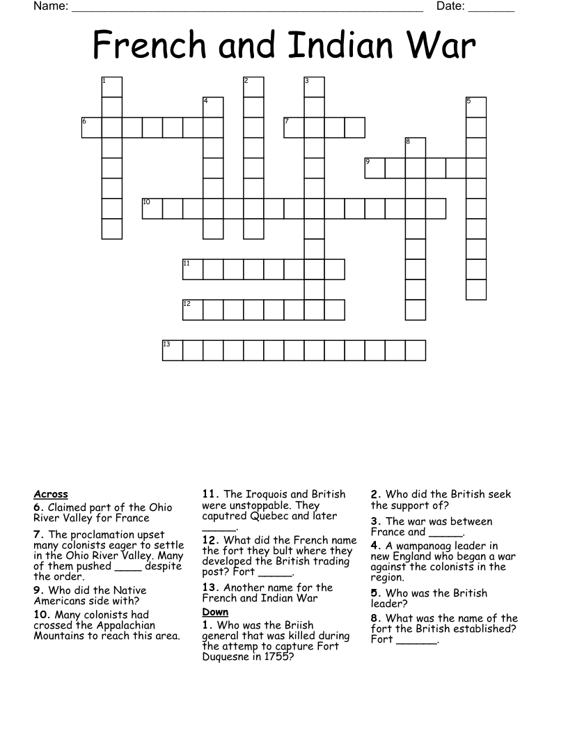 French and Indian War Crossword