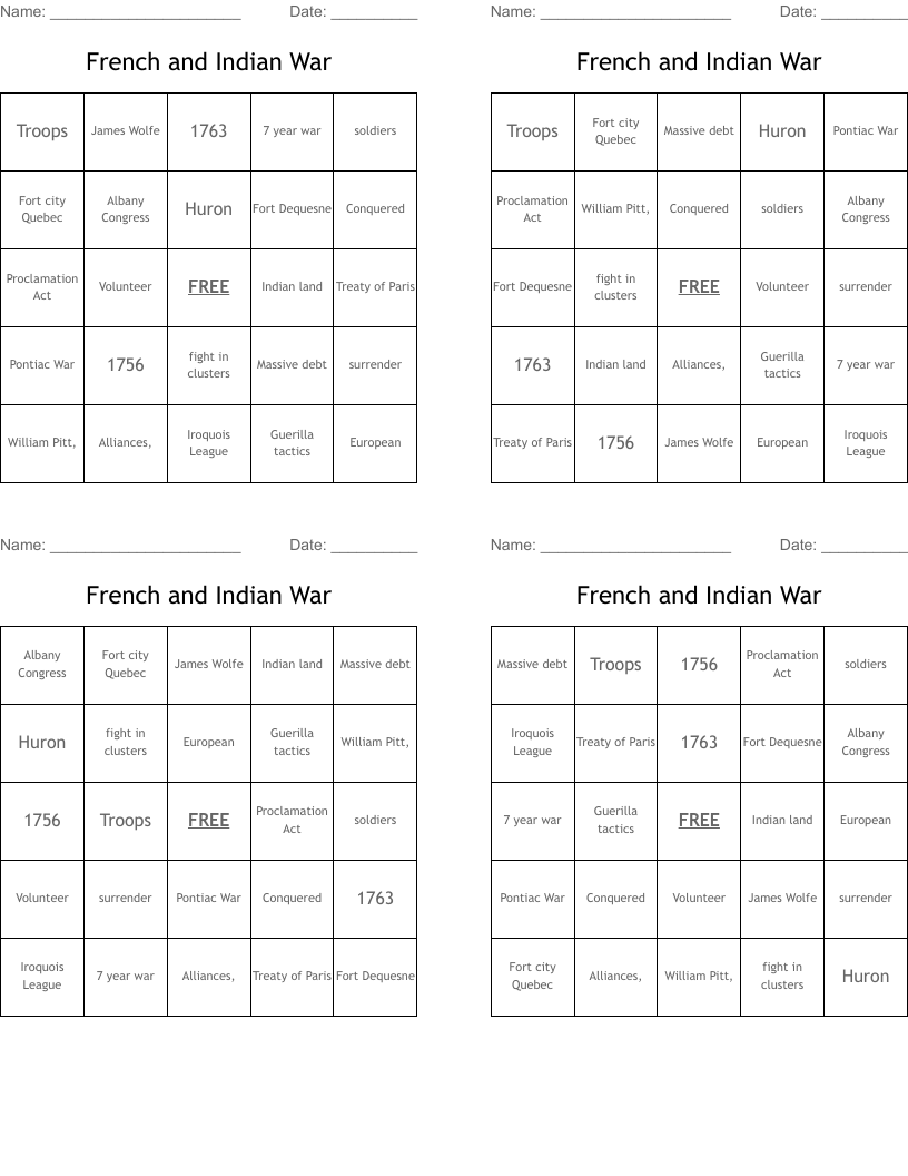 French and Indian War Bingo Cards