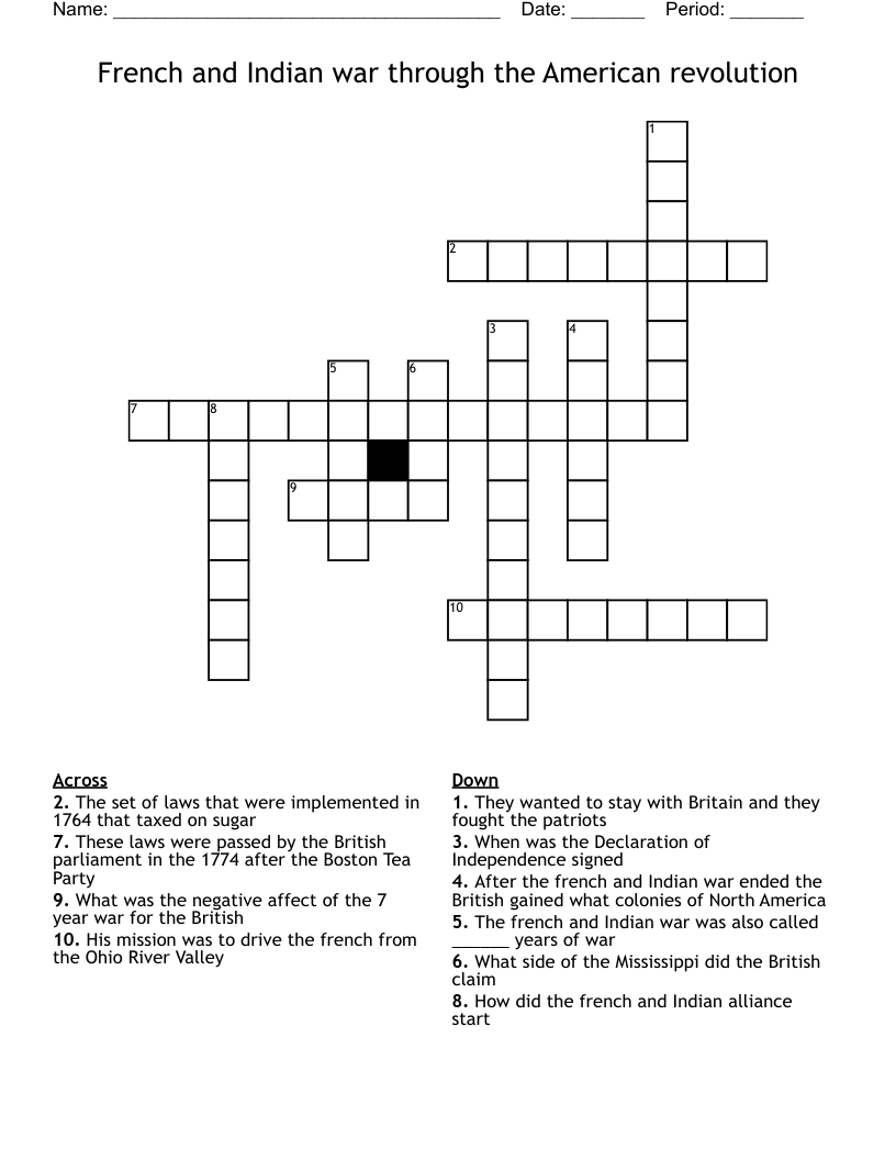 French and Indian war through the American revolution  Crossword