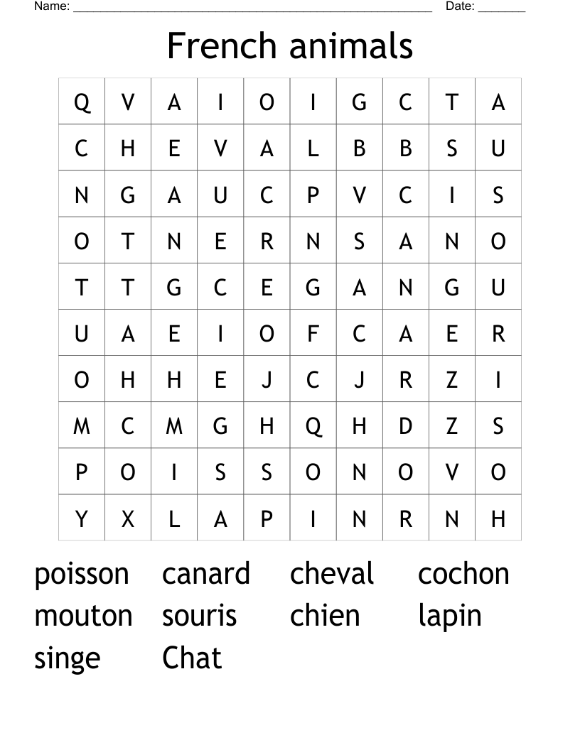 French animals Word Search